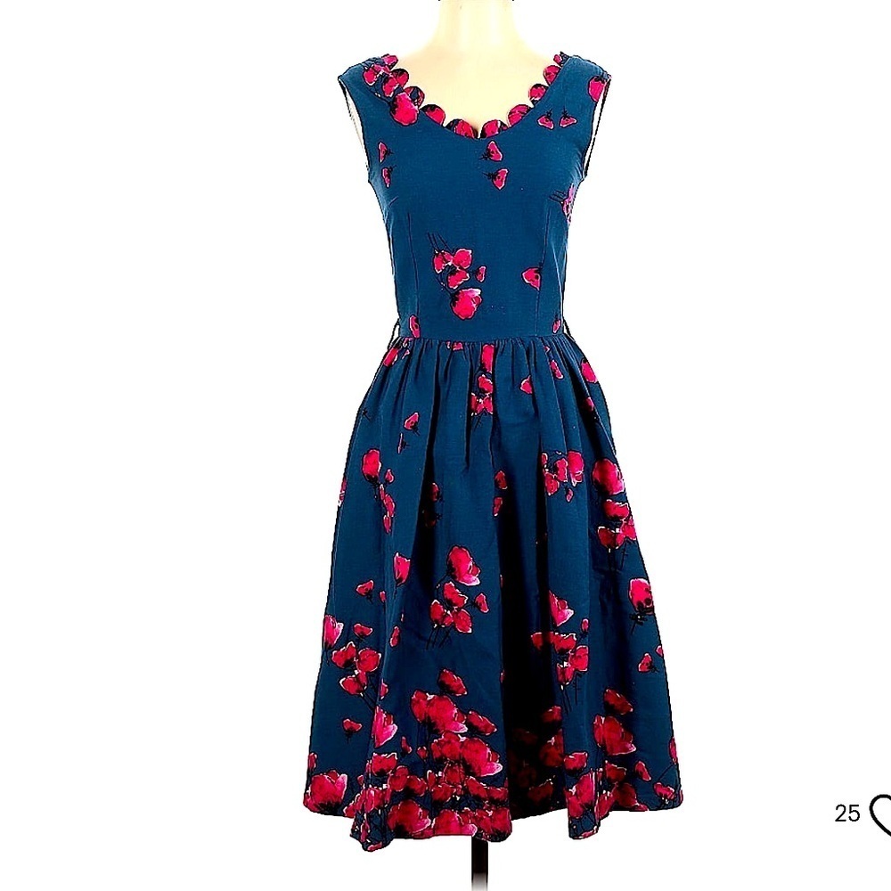 Blue Floral Fit-and-Flare Dress with Scallop Neckline